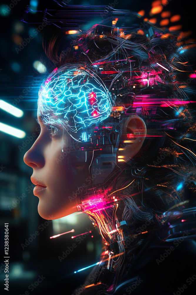 Poster a futuristic cybernetic head with glowing neural activity and intricate circuit designs, representin