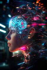 A futuristic cybernetic head with glowing neural activity and intricate circuit designs, representing the fusion of human intelligence with advanced technology and artificial intelligence.