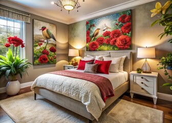Cozy Bedroom Interior Design with Floral Wall Art and Plush Bedding, Red Accent Pillow