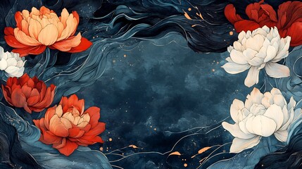 Elegant red white peonies softly bloom against a dark moody background. AI Generated