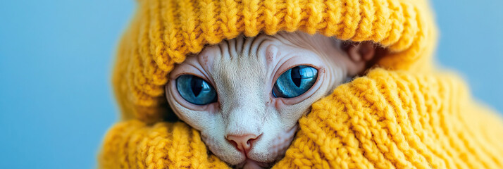 Sphynx Cat in Yellow Knitted Hat and Mittens