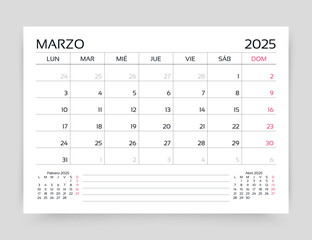 Spanish calendar for March 2025 year. Planner calender template. Monthly organizer. Table schedule grid. Week starts Monday. Desk corporate diary. Timetable layout. Vector illustration. Paper size A5