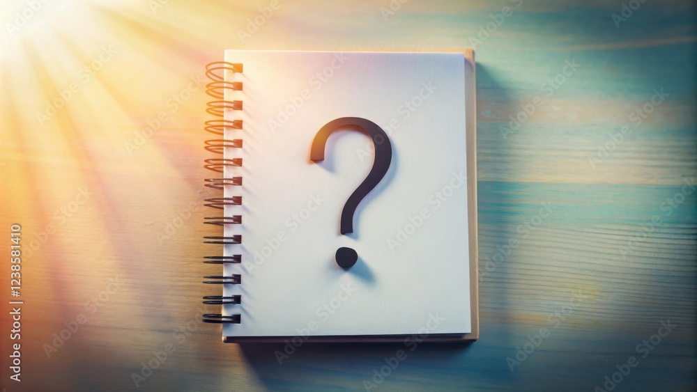 Leinwandbilder unanswered questions a spiral notebook with a question mark on a wooden surface illuminated by sunli