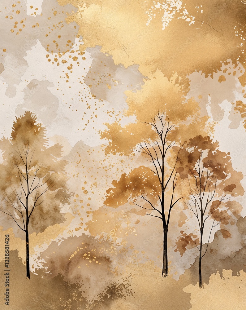 Poster light gold with delicate watercolor trees and subtle abstract textures blending abstract background