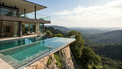 Fototapeta premium Ultra-Modern Cliffside Mansion with Glass Infinity Pool and Stunning Valley View