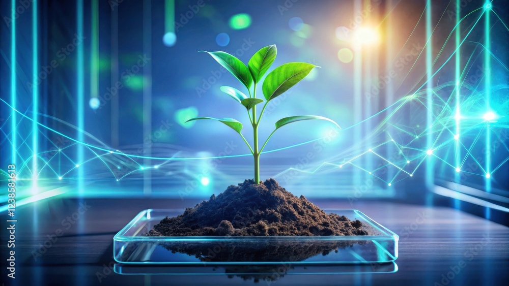 Poster a seedling in a glass dish against a vibrant digital backdrop representing growth and technological 