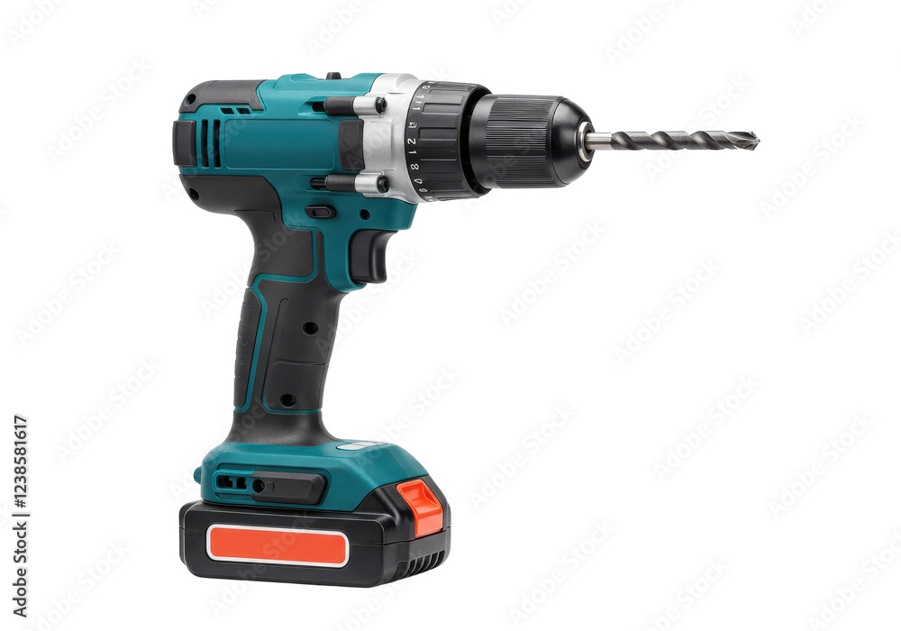 Poster cordless drill with bit isolated on white background, no depth of field, sharp.