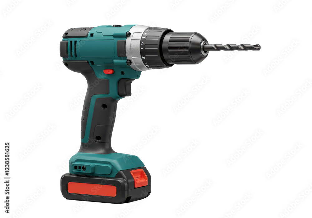 Poster cordless drill with bit isolated on white background, no depth of field, sharp.