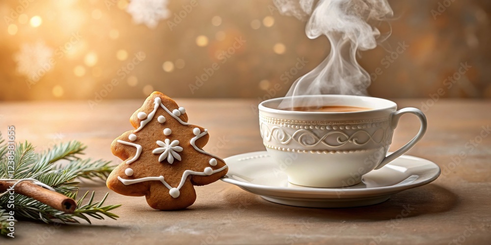 Poster warm beverage and tree-shaped cookie on a table