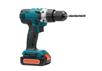 Cordless drill with bit isolated on white background, no depth of field, sharp.