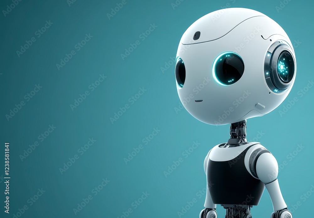 Poster friendly white robot with large eyes and small body, against a teal background. digital rendering wi