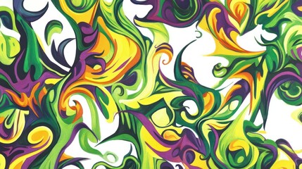 abstract pattern with organic, swirling shapes in vivid greens, yellows, and purples, set against a white backdrop.
