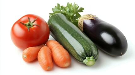 Vibrant red tomato, dark purple eggplant, green zucchini, and orange carrots arranged on a white background. Fresh vegetables