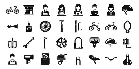 Bicycle store icons set. Bike shop icons depict mechanics repairing bicycles, selling parts, and offering services for cyclists