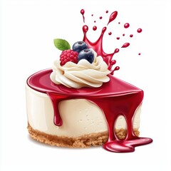 Creamy cheesecake with a splash of berry sauce and whipped cream, isolated on white background