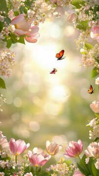 Serene Floral Background with Blossoming Tulips and Elegant Butterflies in Soft Natural Light