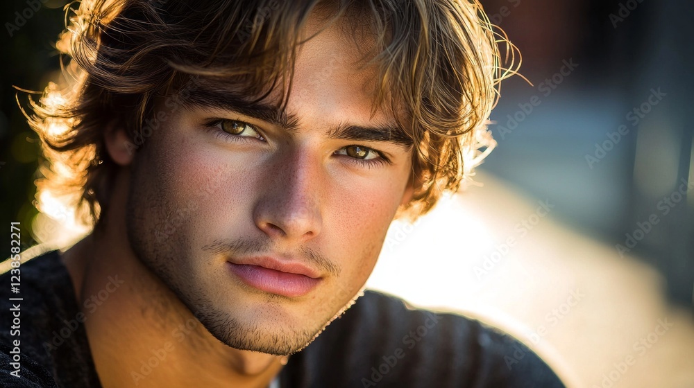 Aufkleber a young man stares directly into the camera, his expressive features illuminated by soft sunlight. t