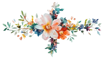 Watercolor floral arrangement with colorful flowers and green leaves on transparent background