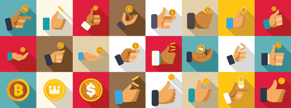 Hand flips coin icons set. Various hand gestures interacting with money, including holding, showing, pointing, and giving thumbs up, representing financial concepts