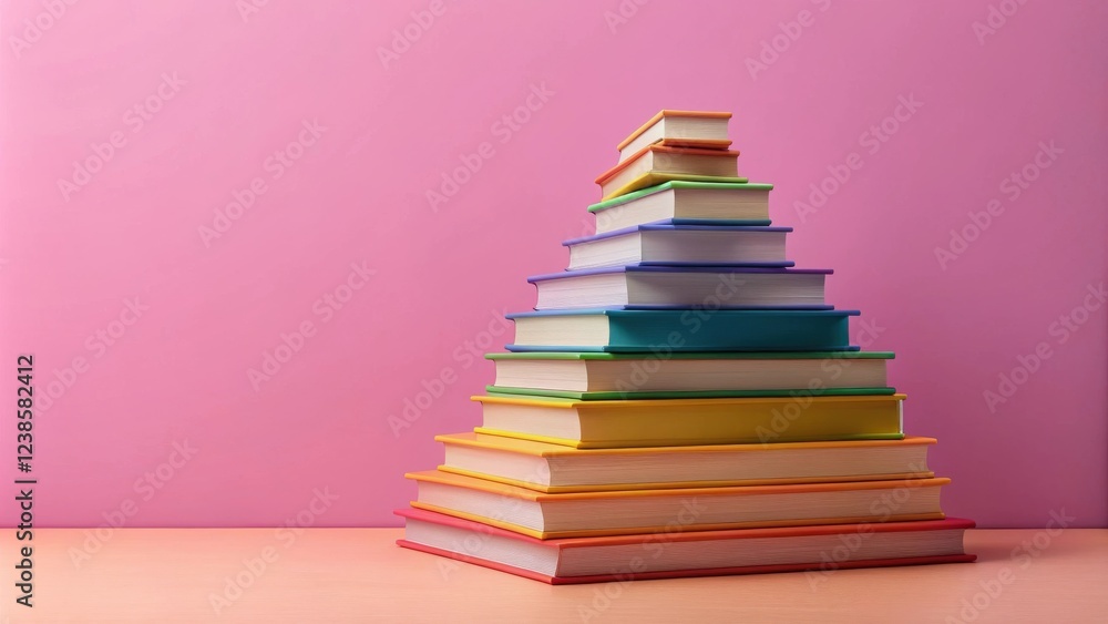 Poster a vibrant stack of colorful books arranged in a pyramid shape against a pale pink background.