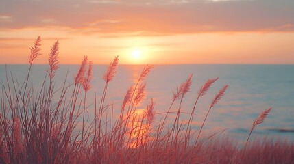Naklejka premium Serene Sunset Over Tranquil Ocean with Warm Pastel Hues for Relaxation and Meditation