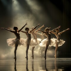 Ballet dancers in performance, elegant poses, stage lighting.