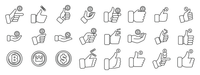 Hand flips coin icons set. Collection of hand gestures interacting with coins and currency symbols, representing financial transactions, investments, and online payments