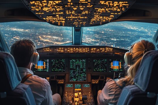 Airplane pilots flying over city at night inside cockpit view