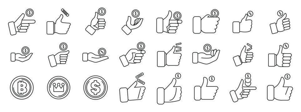 Hand flips coin icons set. Collection of hand gestures interacting with coins and currency symbols, representing financial transactions, investments, and online payments