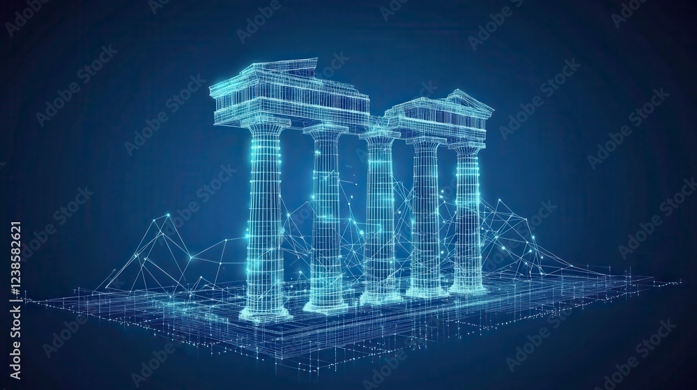Poster abstract digital rendering of three glowing blue pillars on a dark background, resembling classical 