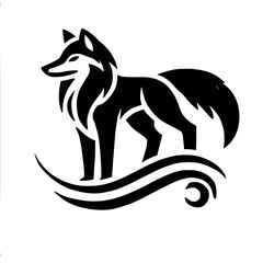 Majestic Wolf Silhouette with Elegant Waves: Black and White Animal Graphic Design
