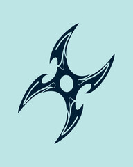 Black Ninja Shuriken with Unique Tribal Design on Blue Background