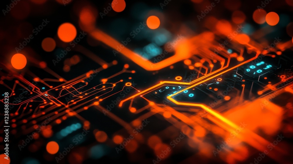 Poster abstract close up of a circuit board with glowing orange and blue lines, bokeh background. high tech