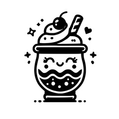 Cute Kawaii Sundae Dessert: Whipped Cream, Cherry, and a Happy Face. Sweet Treat, Black and White Cartoon Illustration