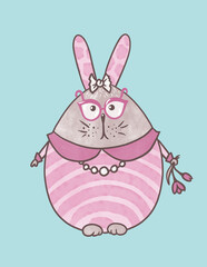 Isolated Easter bunny in egg shape wearing pink glasses and dress