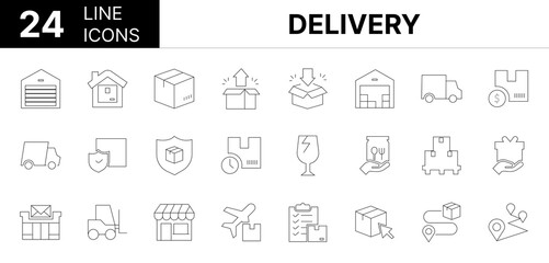 Collection of 24 Delivery line icons featuring editable strokes. These outline icons depict various modes of Delivery, shipping, service, distribution, logistic, icon, product, shipment, transportatio