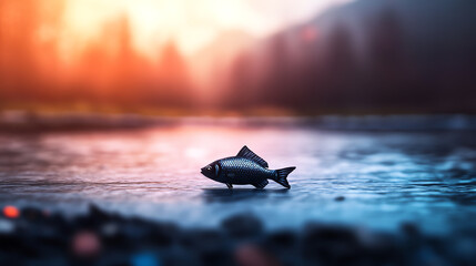 Fototapeta premium A robotic fish swimming in a holographic river, with the real river dried up nearby