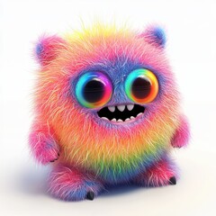 Fototapeta premium Cute Furry Monster with a Neon Rainbow Pattern, Big Glowing Eyes, and a Mischievous Smile, Soft Fluffy Texture, Isolated on White Background