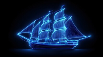 minimalistic sail ship outline in blue neon. side view. black background isolated