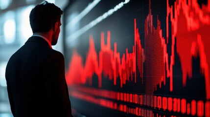 A stock market graph showing a downward trend, with the silhouette of a man in a suit looking at it.