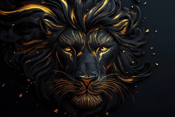Majestic black and gold lion with flowing mane staring intensely
