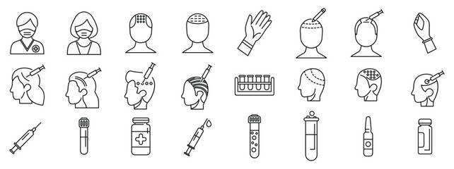 Injecting hair icons set. Medical professionals utilizing syringes and specialized equipment for hair restoration treatment