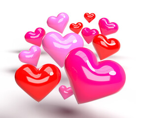 3D composition of hearts shape form, glossy pink and red colors for Valentine's Day design