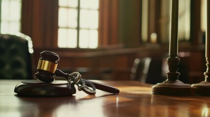 Close-up of a gavel and handcuffs on a wooden desk, symbolizing legal action against corruption