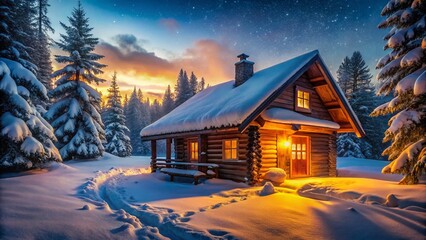 Cozy Log Cabin in Snowy Winter Twilight: Enchanting Warm Glow