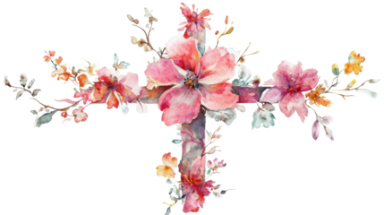 Watercolor floral cross with pink and orange flowers on transparent background