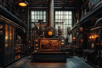 Complex industrial machine operating in factory setting with warm lighting