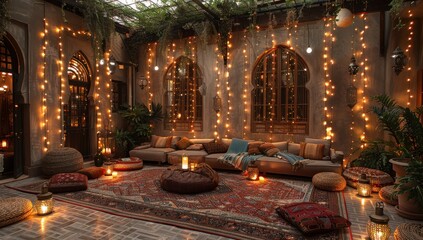 A peaceful, bohemian patio with a low, Moroccan-style seating area happy diwali, surrounded by candles, lanterns, and soft, outdoor rugs