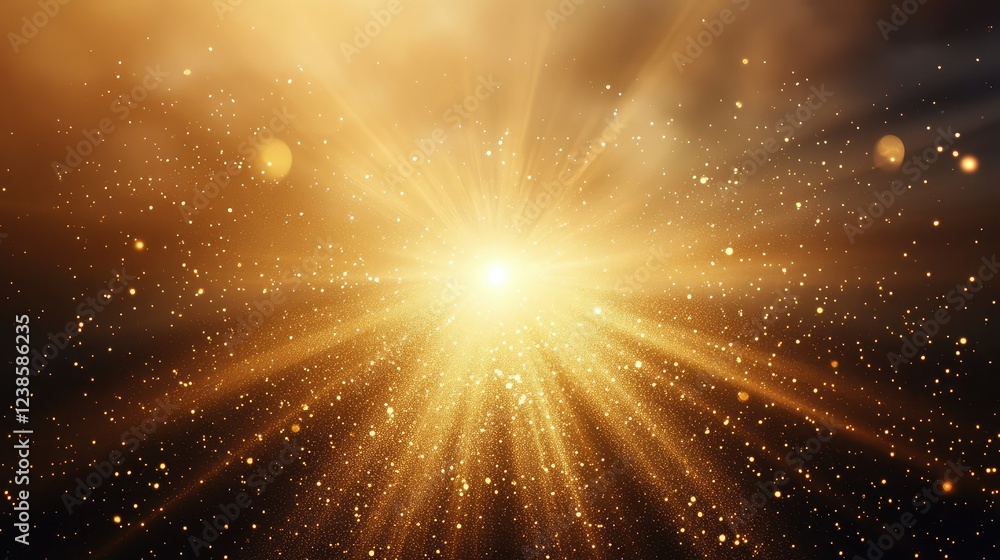 Poster stunning golden light burst with radiant rays and shimmering particles, creating an ethereal backgro