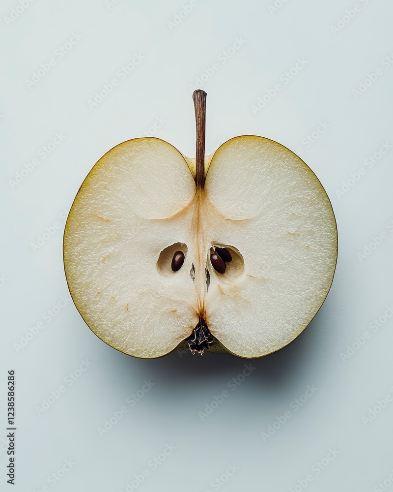 Poster close up view of a halved green apple against a light gray background. the apple's seeds and core ar